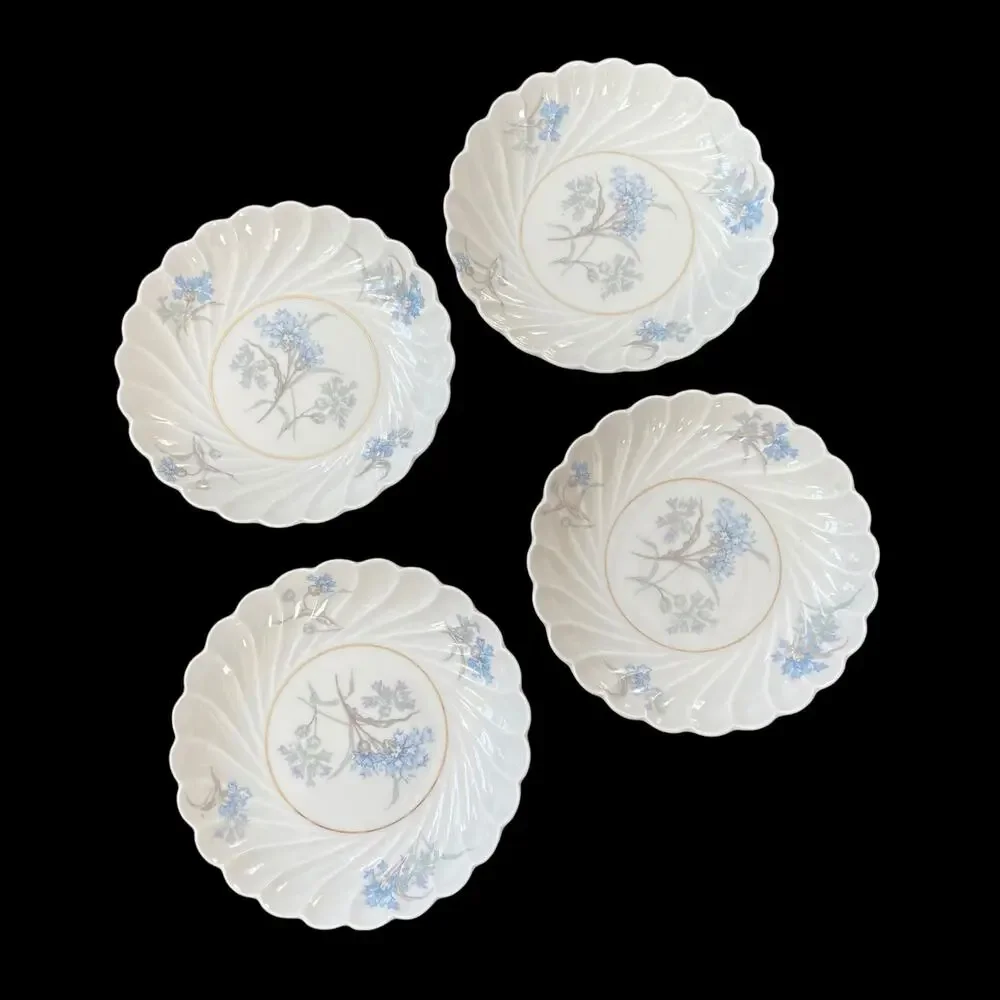 Haviland Limoges Bergere Berry Bowl Set 4 Dessert Dish Blue Flowers Gold Verge